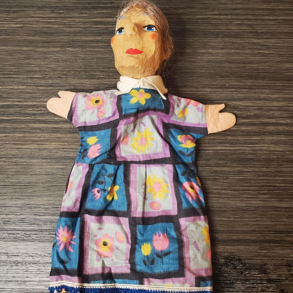 Vintage Wooden Hand Puppet‎ Blue Flower Dress Grey Hair Bun Detailed Blue Eyes